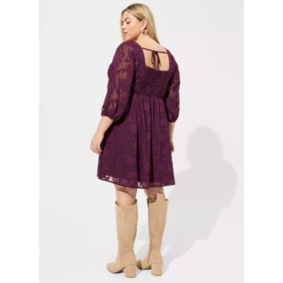 Torrid 0 Womens Purple Floral Textured Chiffon Dress 3/4 Sleeves Size Large - Picture 8 of 8